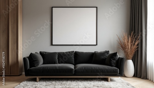 minimalistic interrior desighn with black sofa and blank canvas mockup on a wall. A 3D render of a minimalist living room with a black velvet sofa, a potted plant, and a large square picture frame on  photo