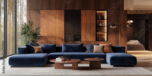 Modern Japandi Loft Living Room with Deep Blue Sofa and Warm Wood Panel Accents