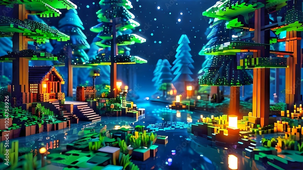 Naklejka premium Pixel Art Nighttime Forest with River and Cabins Illustration