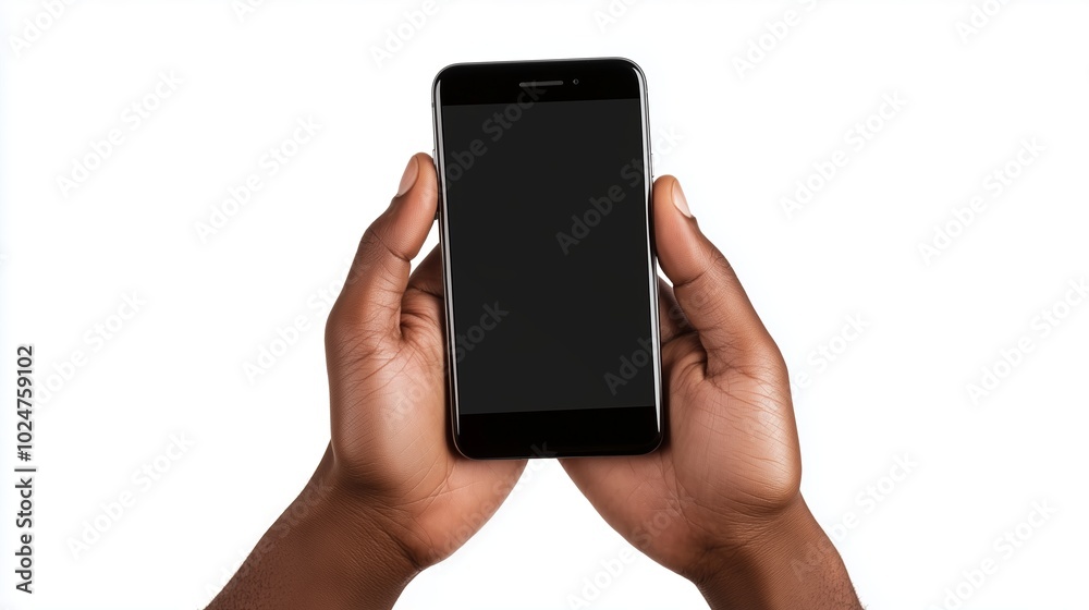 Two hands holding a blank smartphone against a plain white background, showcasing a common activity of using mobile devices in everyday life Two hands holding a blank smartphone against a plain white background, showcasing a common activity of using mobile devices in everyday life