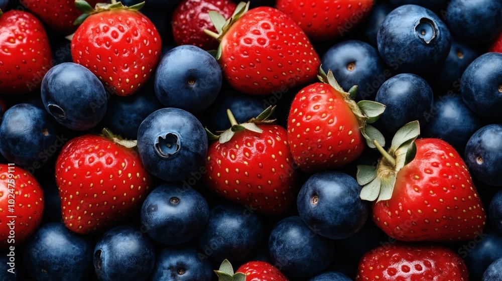 Close-up of fresh red strawberries and blue blueberries arranged together, showing vibrant colors and natural textures of the ripe berries. Close-up of fresh red strawberries and blue blueberries arranged together, showing vibrant colors and natural textures of the ripe berries.
