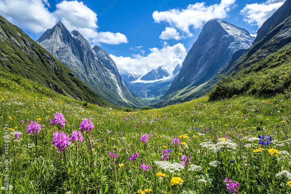 Fototapeta premium A breathtaking mountain landscape with vibrant wildflowers in the foreground, under a bright blue sky with fluffy white clouds.
