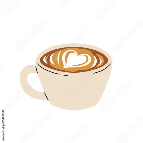 Set of Coffee Cups with Latte Art Patterns Front View. Cute rabbit, Flower and Heart foam shapes. Cafe Bar or Coffee House Graphics. Vector Illustration, Icons