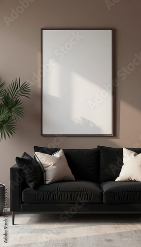 minimalistic interrior desighn with black sofa and blank canvas mockup on a wall. A 3D render of a minimalist living room with a black velvet sofa, a potted plant, and a large square picture frame on  photo