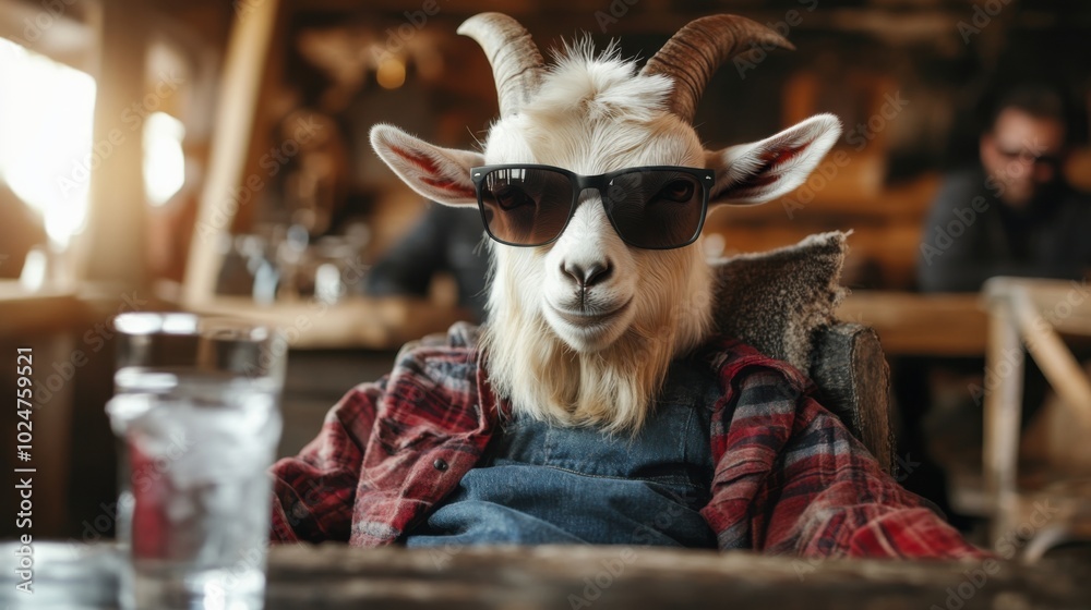 Naklejka premium Stylish goat relaxing in sunglasses and plaid shirt for springtime fun and fashion photography