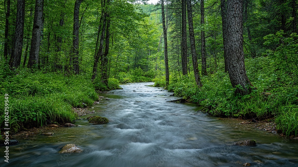 Obraz premium A serene river flows through lush green trees in a peaceful forest during a bright, sunny day in early summer