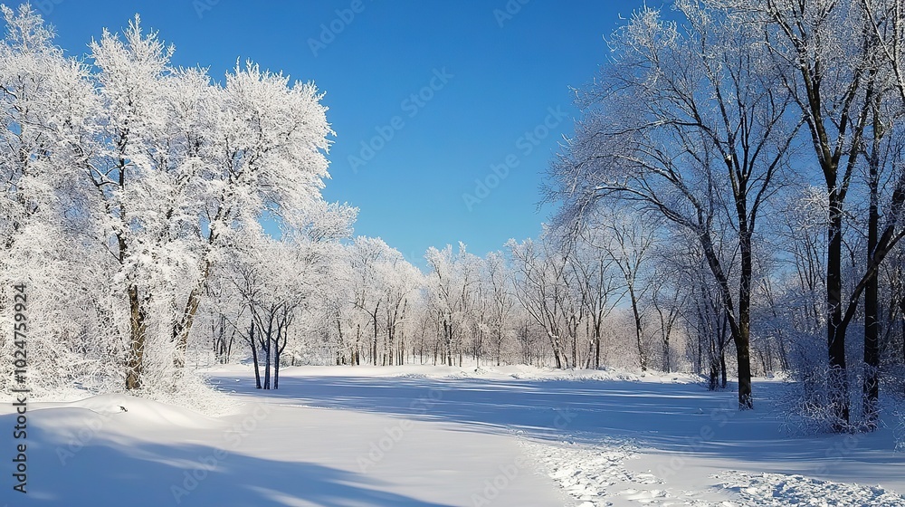 Winter wonderland landscape with snow-covered trees and a serene blue sky in a tranquil setting during daylight Winter wonderland landscape with snow-covered trees and a serene blue sky in a tranquil setting during daylight