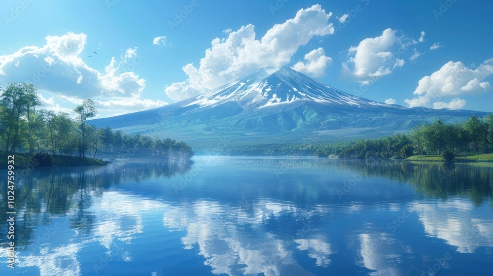 Obraz premium Stunning panoramic view of a majestic snowy peak reflected in the serene still waters of an idyllic alpine lake surrounded by lush green foliage and a picturesque mountainous landscape This peaceful