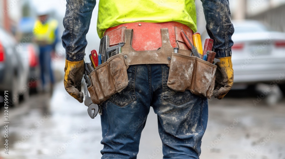 Construction worker tool belt in active worksite setting for industrial use Construction worker tool belt in active worksite setting for industrial use