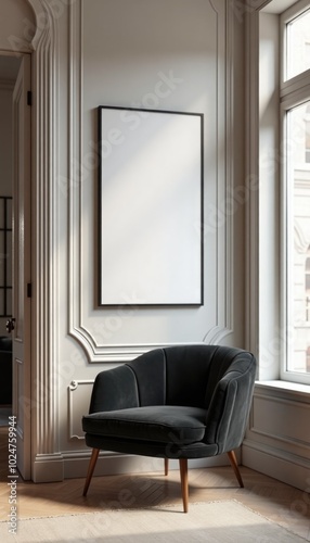 minimalistic interrior desighn with black chairand blank canvas mockup on a wall. A 3D render of a minimalist living room with a black velvet chair,and a large square picture frame on a wall photo