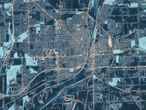 Painterly Style City Map of Joliet Illinois, USA in a Blue Color Scheme.