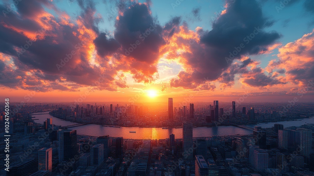 Stunning sunset over a city skyline with a river.