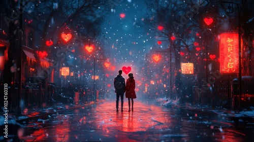 Romantic Couple Walking in Snowy Street with Heart Lights， feelings of love and serenity amidst gentle snowfall.