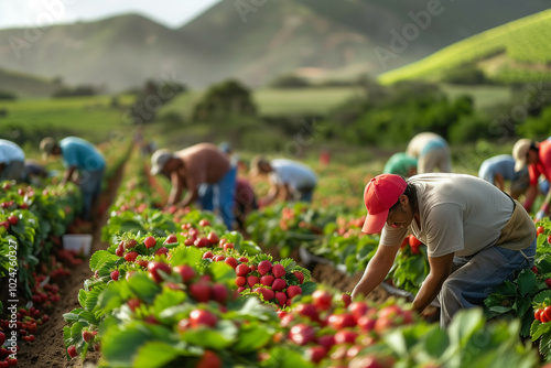 Serene Strawberry Farm Scene with Workers Picking Fresh Berries in Lush Green Fields under Rolling Hills