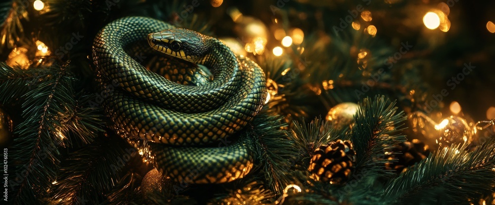A snake resting among festive decorations on a pine tree during the holiday season at night. Wide web banner. A snake resting among festive decorations on a pine tree during the holiday season at night. Wide web banner.