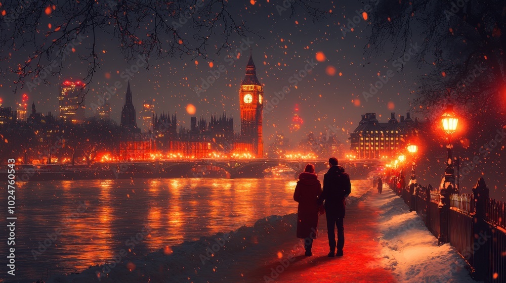 Romantic Couple Walking in Snowy Street with Heart Lights, feelings of love and serenity amidst gentle snowfall. Romantic Couple Walking in Snowy Street with Heart Lights, feelings of love and serenity amidst gentle snowfall.