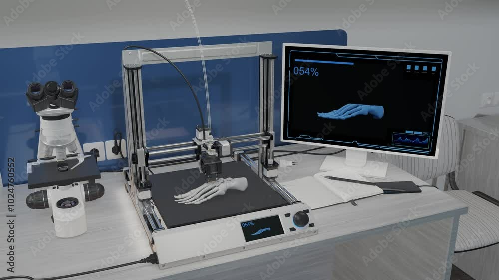 Precision Dynamic Foot Printer A detailed model of a human foot is created using a 3D printer in a ...