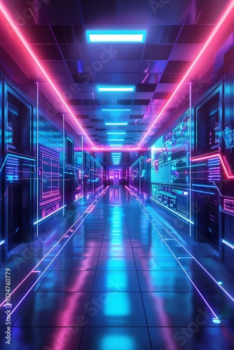 Futuristic neon-lit corridor with vibrant blue and pink lights, showcasing advanced technology and futuristic design elements.