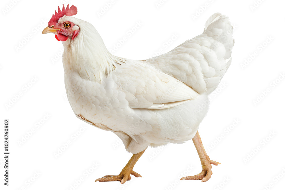 Fototapeta premium Chicken with red comb on transparent background: feathered farm animal.