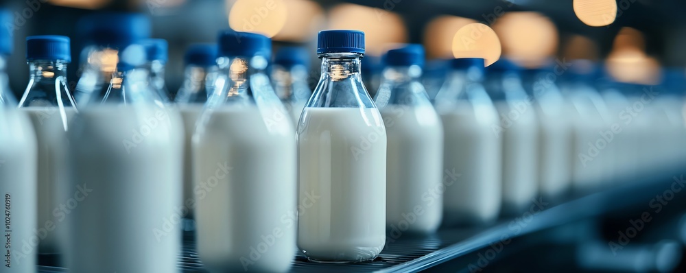Rows of milk bottles on a production line, blurred factory background, focused on bottles. Rows of milk bottles on a production line, blurred factory background, focused on bottles.