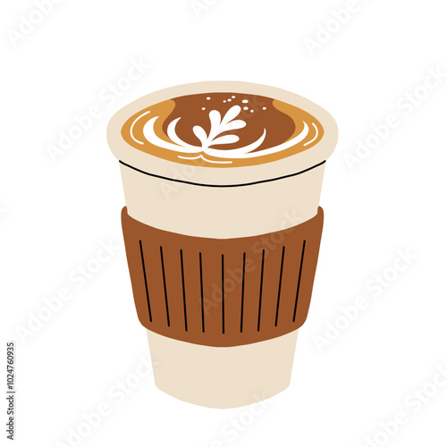 Set of Coffee Cups with Latte Art Patterns Front View. Cute rabbit, Flower and Heart foam shapes. Cafe Bar or Coffee House Graphics. Vector Illustration, Icons