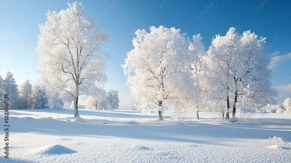Obraz premium Snow-covered landscape with frosted trees under a clear blue sky in winter