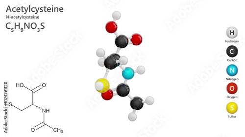 Acetylcysteine. Animated 3d model. Molecular formula: C5H9NO3S. Chemical model: Ball and Stick. White background. 3D rendering. Seamless loop.