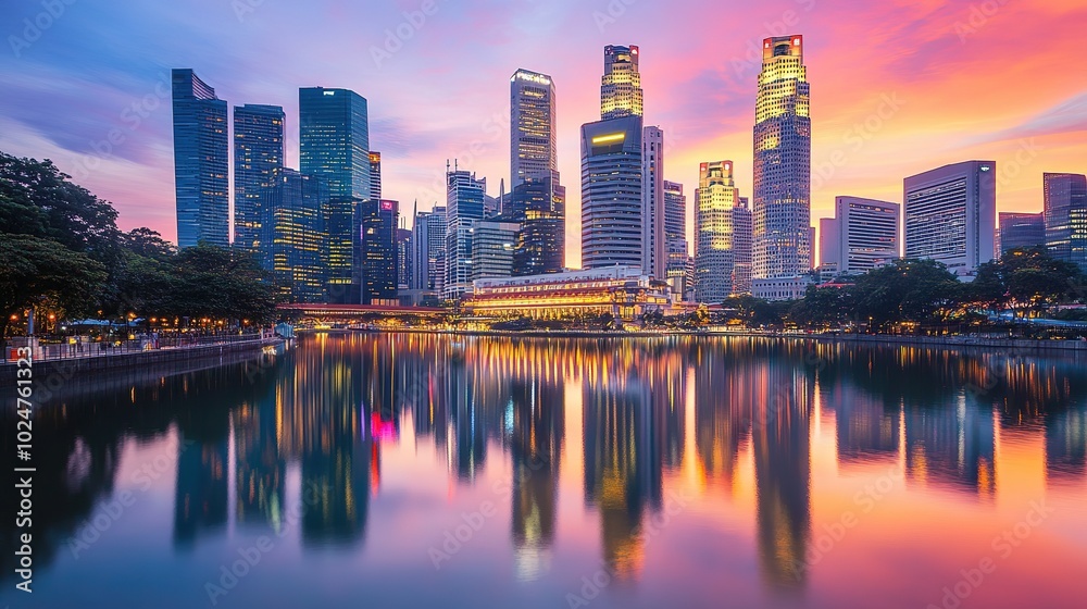 Naklejka premium A stunning sunset over the Singapore skyline reflecting in the river during twilight hours