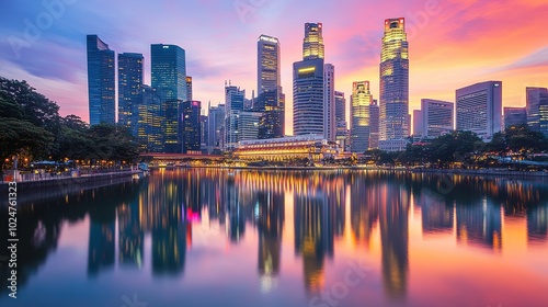 A stunning sunset over the Singapore skyline reflecting in the river during twilight hours