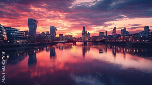 A stunning sunset over the Singapore skyline reflecting in the river during twilight hours