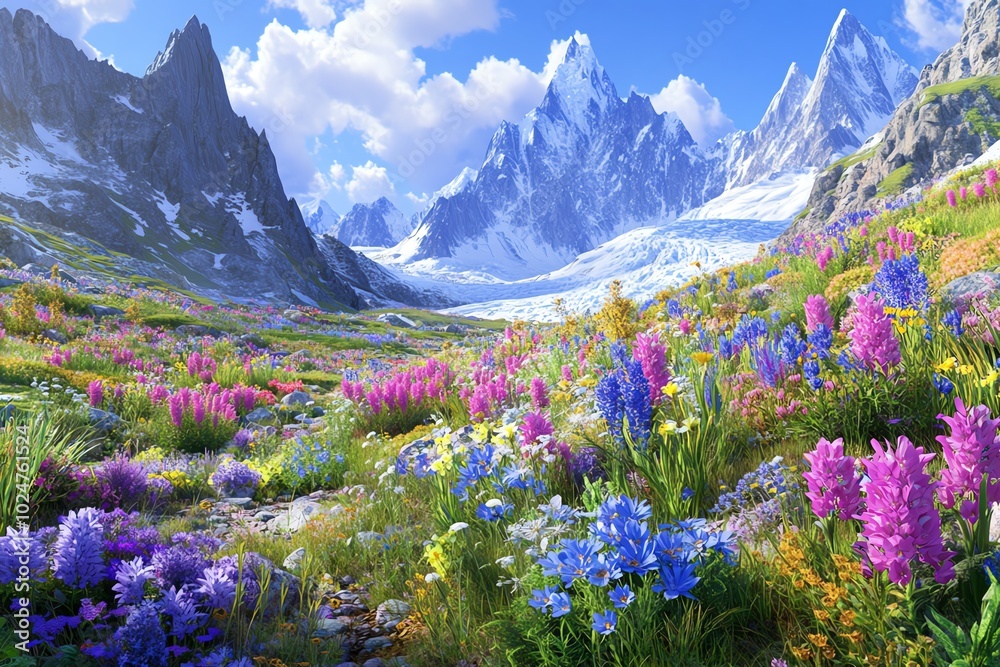 Fototapeta premium A vibrant alpine meadow filled with colorful flowers, surrounded by majestic snow-capped mountains under a clear blue sky.