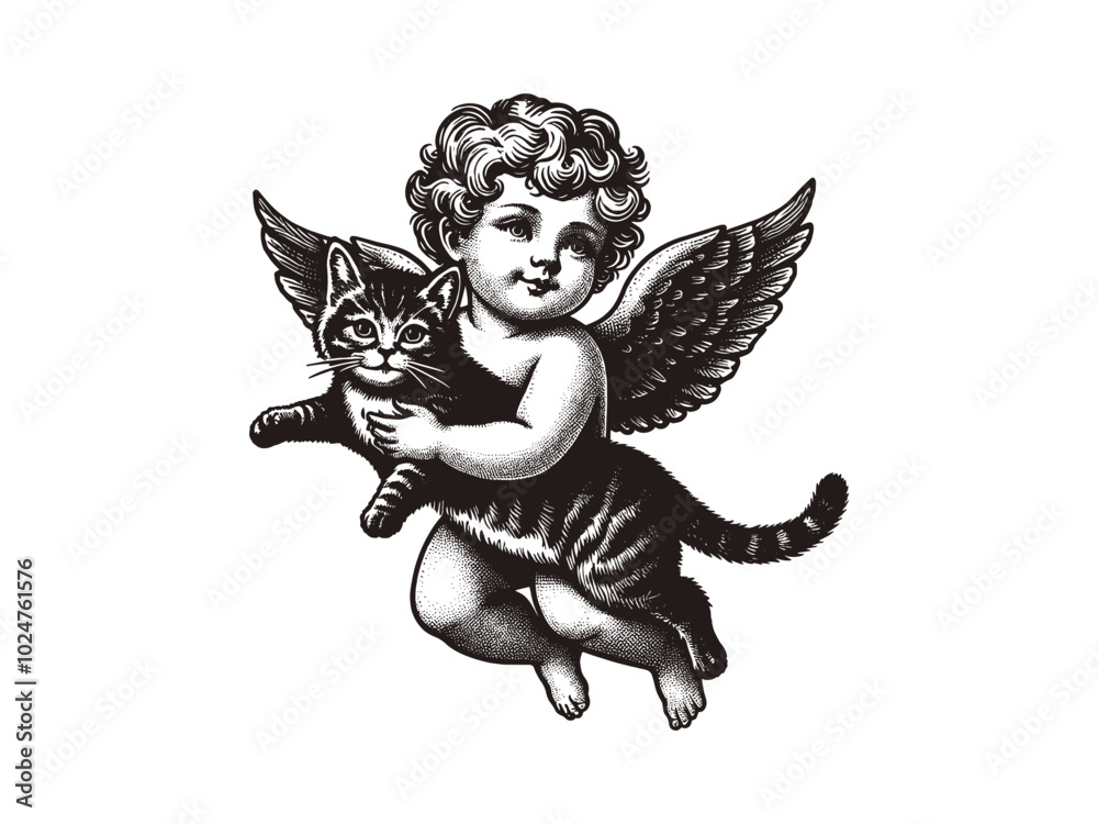 Fototapeta premium little baby angel cherub with cute tabby cat. Old vintage engraving illustration. Hand drawn outline graphic. Logo, emblem, icon. Isolated object, cut out. black and white 