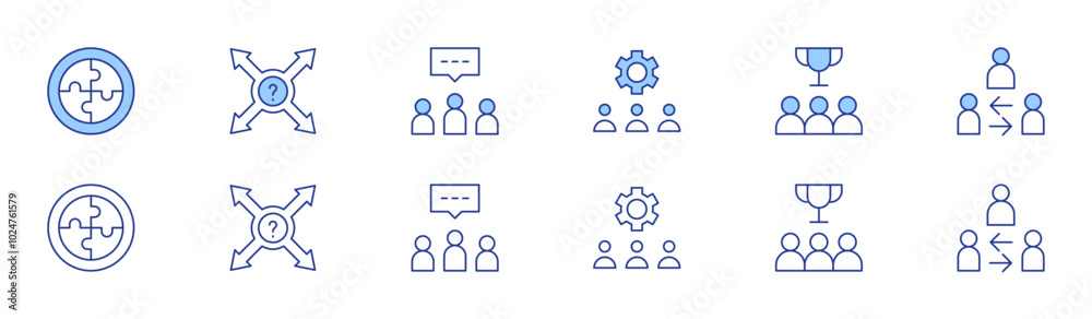 Teamwork icon set in two styles, Duotone and Thin Line style. Editable stroke. team management, idea, direction, puzzle, mediator, trophy Teamwork icon set in two styles, Duotone and Thin Line style. Editable stroke. team management, idea, direction, puzzle, mediator, trophy