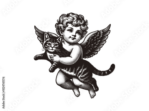 little baby angel cherub with cute tabby cat. Old vintage engraving illustration. Hand drawn outline graphic. Logo, emblem, icon. Isolated object, cut out. black and white	