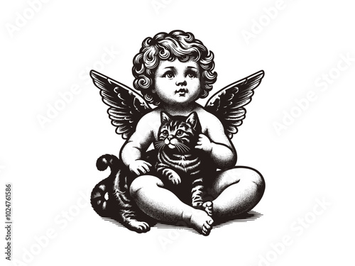 little baby angel cherub with cute tabby cat. Old vintage engraving illustration. Hand drawn outline graphic. Logo, emblem, icon. Isolated object, cut out. black and white	
