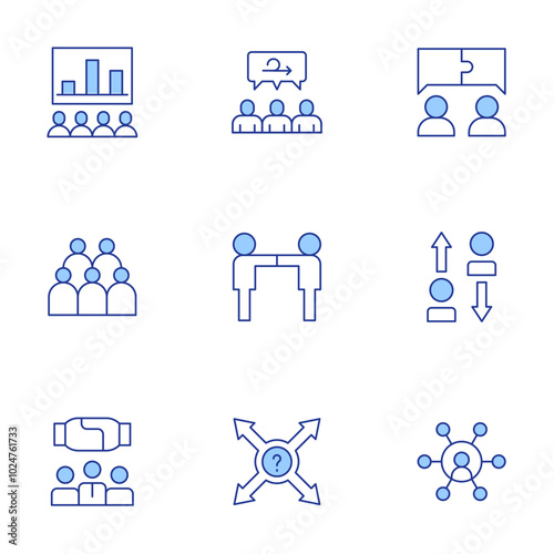 Teamwork icons set. Line Duotone style, editable stroke. teamwork, cooperation, crowd, direction, presentation, team, intermediary