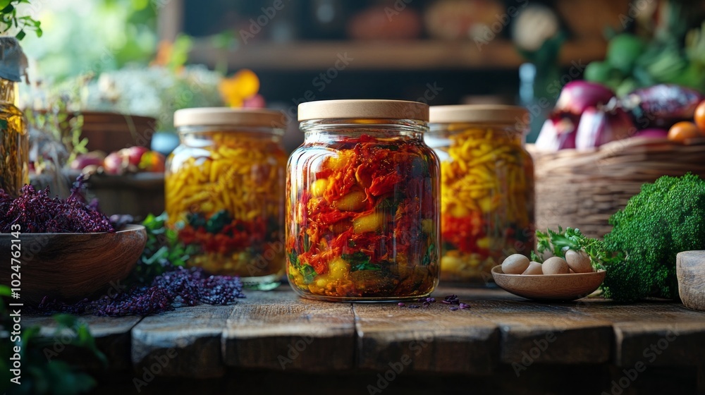 Three jars of food sit on a wooden table, with a variety of vegetables Three jars of food sit on a wooden table, with a variety of vegetables