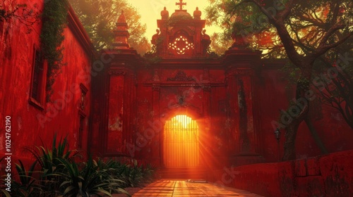 Enchanting red archway framing the mysterious glowing forest path leading to an adventure through the magical fairytale like landscape  A captivating and inviting scene full of wonder and intrigue photo