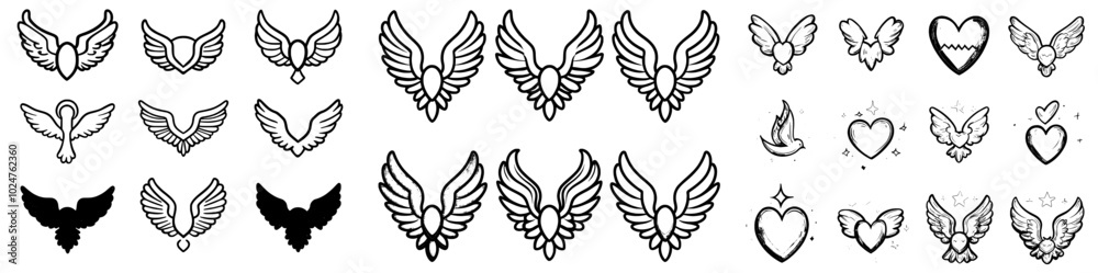 Winged icon doodle set. Hand drawn wings of angels. Winged icon doodle set. Hand drawn wings of angels.