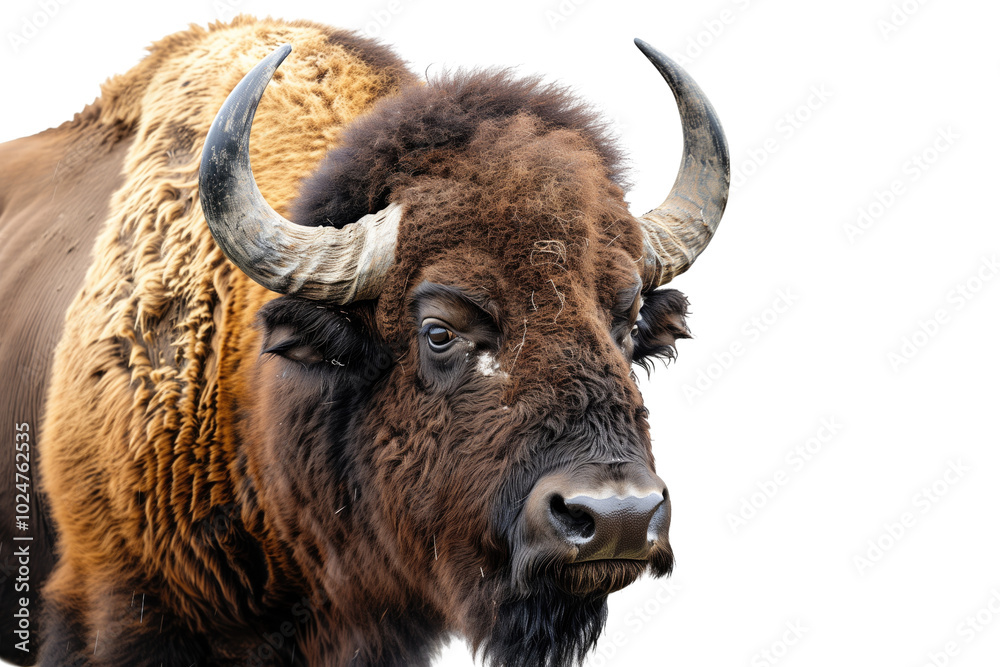 Powerful buffalo on transparent background: majestic animal with curved horns.