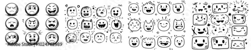 Emoji sketching hand drawn. Smile face sketch with grunge ink brush, comic faces emoji avatar. Isolated modern symbols set.