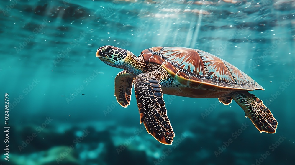 Fototapeta premium Underwater turtle swimming gracefully in clear blue ocean.