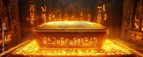 Pharaoh s sarcophagus surrounded by glowing hieroglyphs, Ancient Egypt, burial ritual, ancient art, mystical light photo