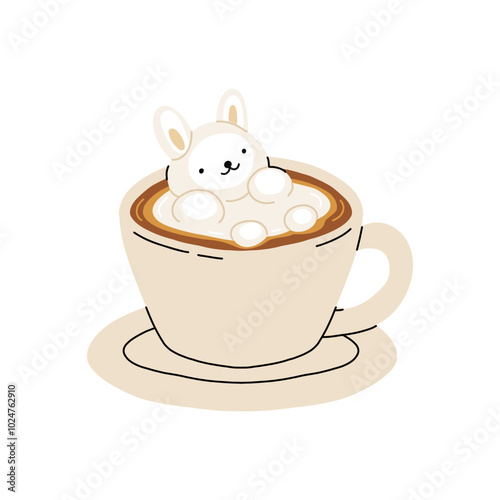 Set of Coffee Cups with Latte Art Patterns Front View. Cute rabbit, Flower and Heart foam shapes. Cafe Bar or Coffee House Graphics. Vector Illustration, Icons