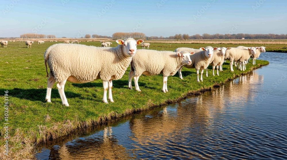 Fototapeta premium Sheep Grazing Near a Calm River in Sunny Landscape