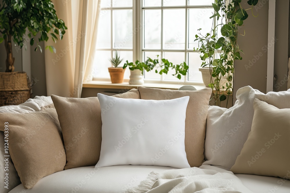 Comfortable white pillow mockup on sofa in room, closeup. Interior design Comfortable white pillow mockup on sofa in room, closeup. Interior design