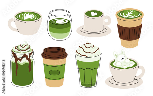 Japan matcha latte set. Flat cartoon illustration of matcha drinks. Matcha latte with foam art, heart, rabbit, flower. Green matcha in various cups. photo