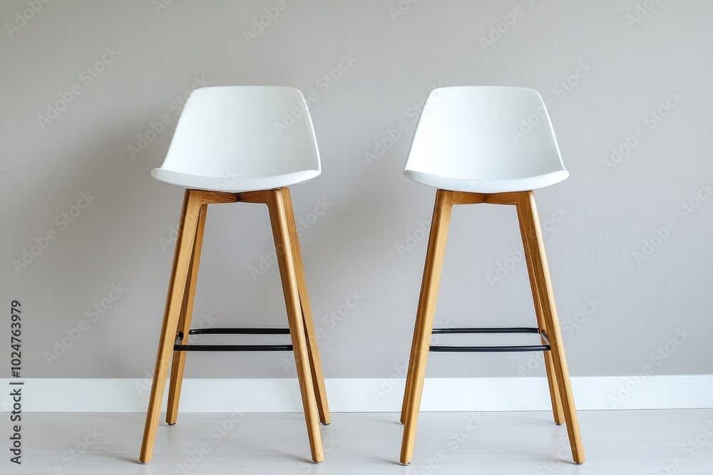 Two modern white bar stools with wooden legs arranged. Two modern white bar stools with wooden legs arranged.
