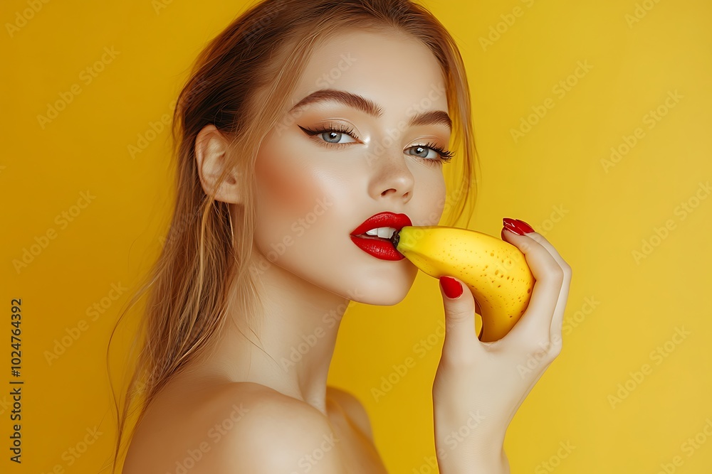 A woman with bold makeup holds a banana against a vibrant yellow background. A woman with bold makeup holds a banana against a vibrant yellow background.
