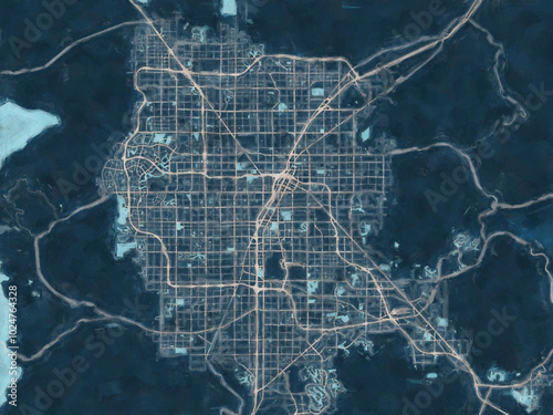 Painterly Style City Map of Las Vegas Metro Nevada, USA in a Blue Color Scheme.